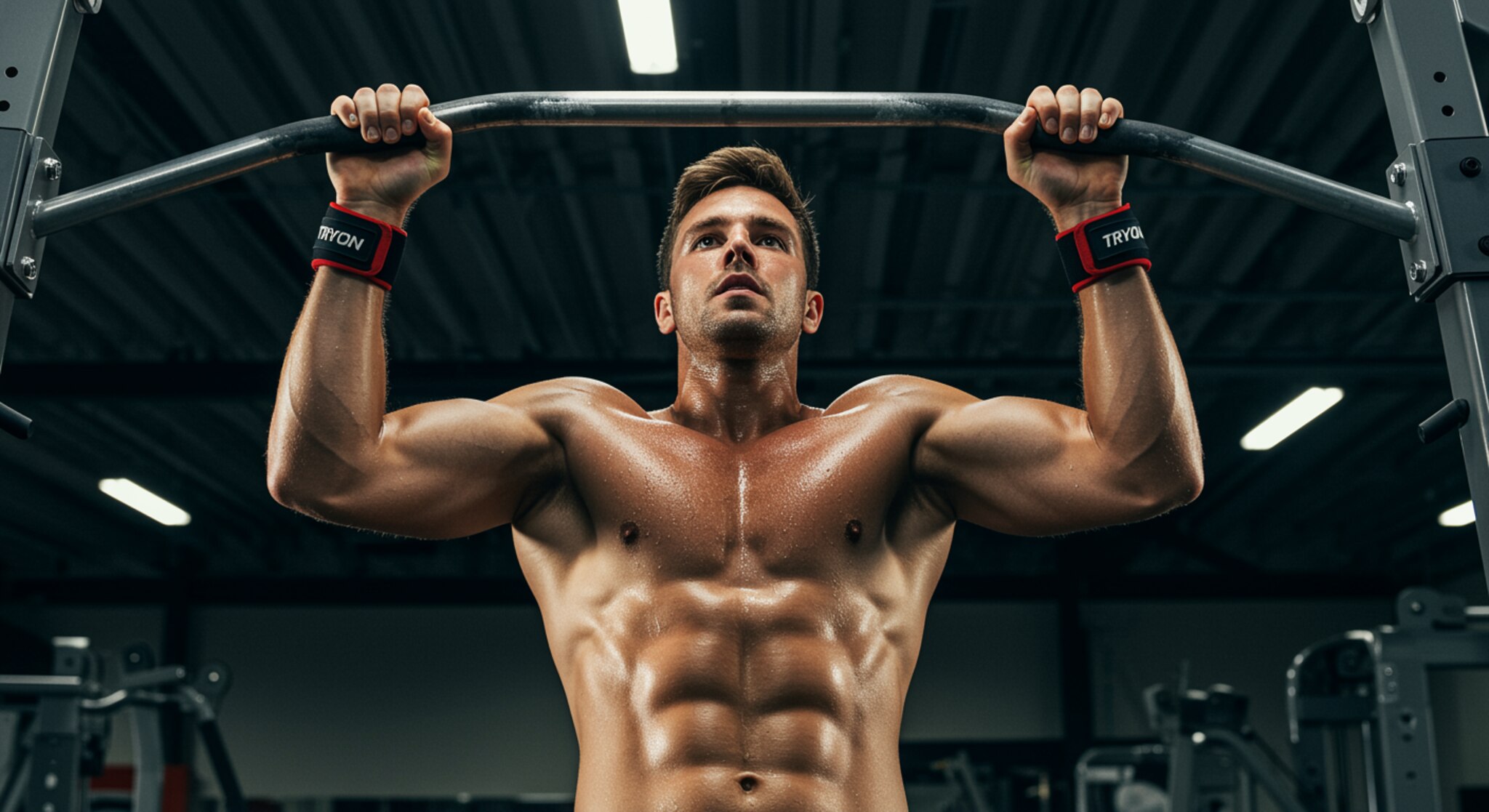 "Atleta masculino en gimnasio moderno realizando dominadas con agarres ergonómicos Tryon, destacando su intensidad y confort en el entrenamiento."