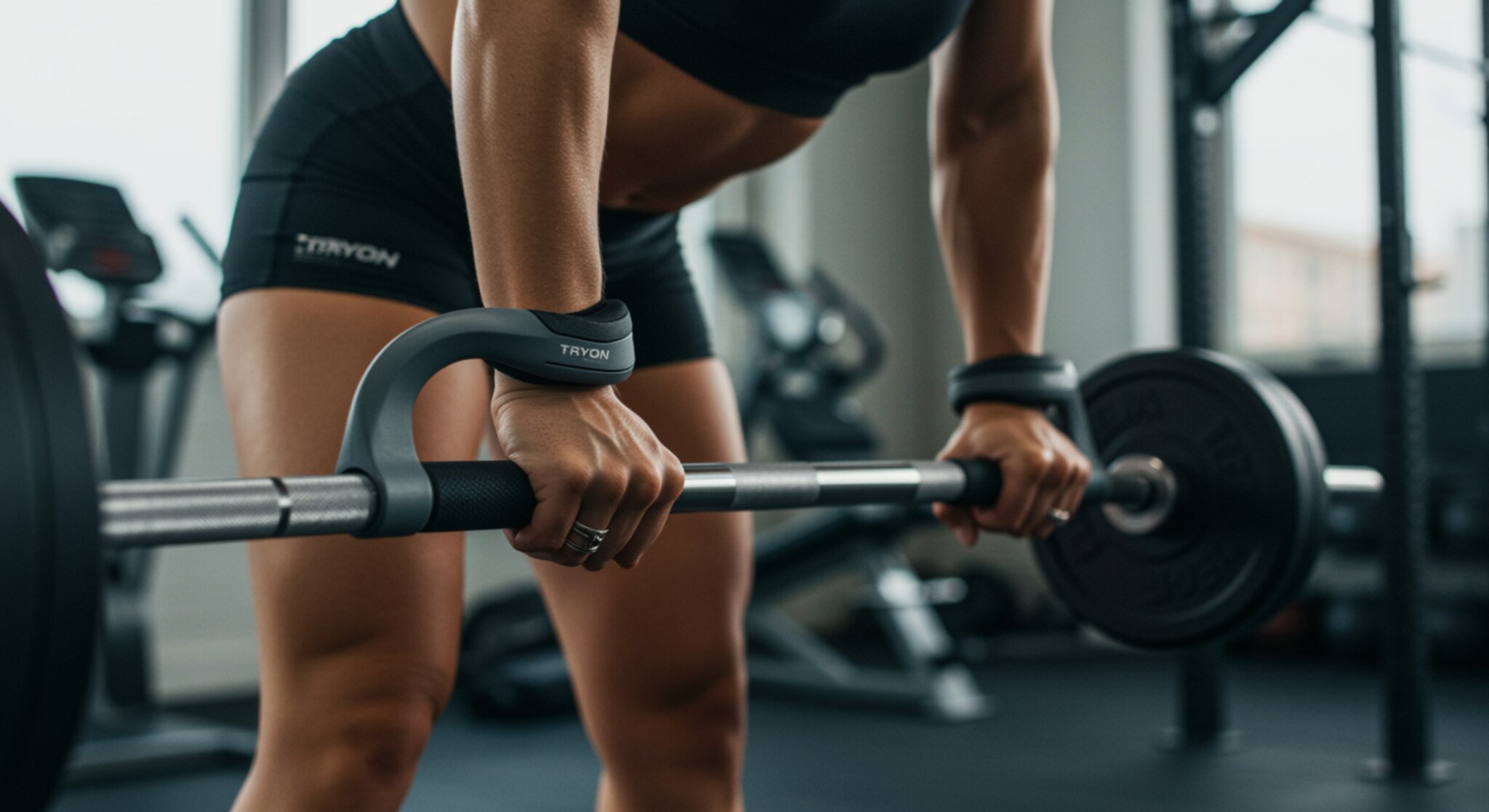 "Atleta femenina en un gimnasio moderno usando una barra de agarre ergonómica de Tryon, destacando su diseño antideslizante y durabilidad en un ejercicio de remo."