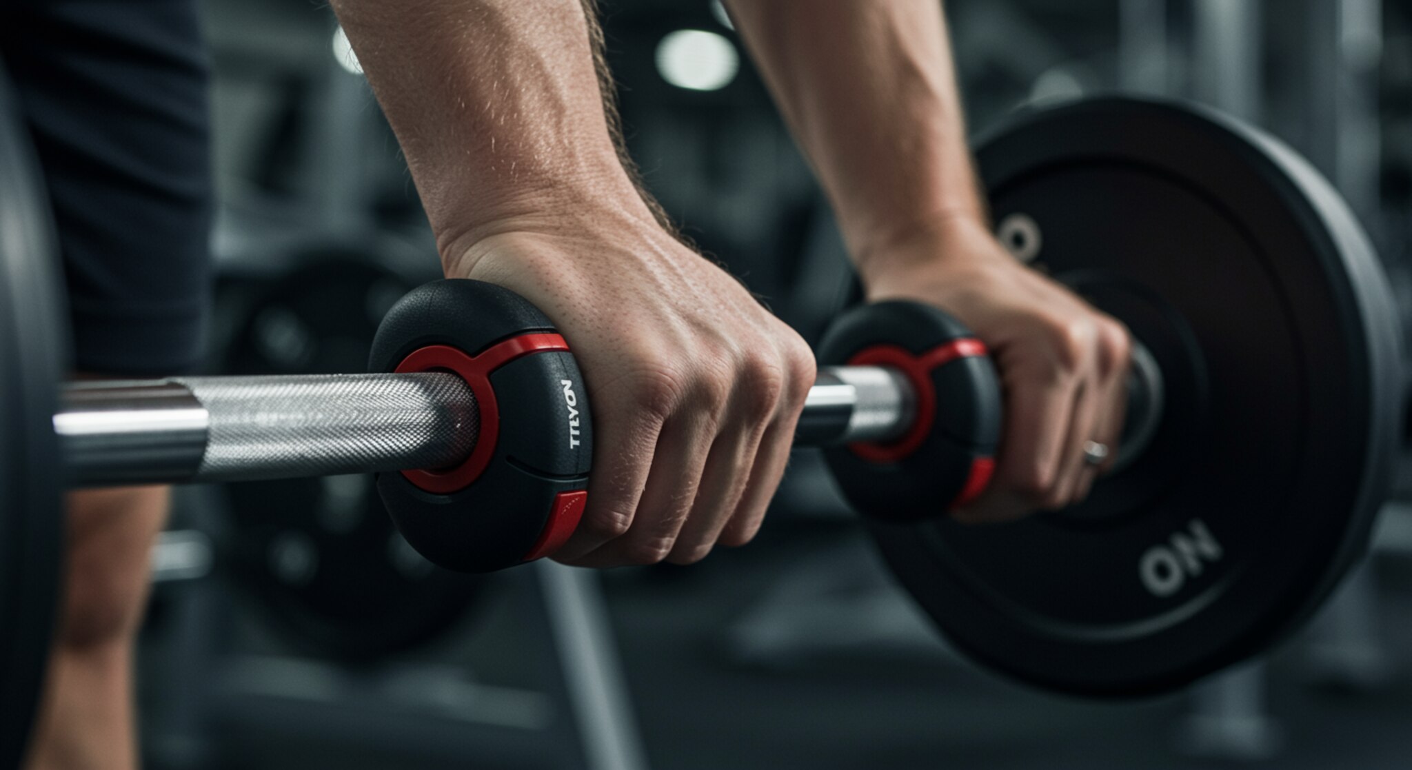 "Primer plano de manos masculinas sosteniendo un agarre ergonómico Tryon en un gimnasio moderno, destacando su diseño texturizado y materiales duraderos para un rendimiento óptimo en entrenamientos."